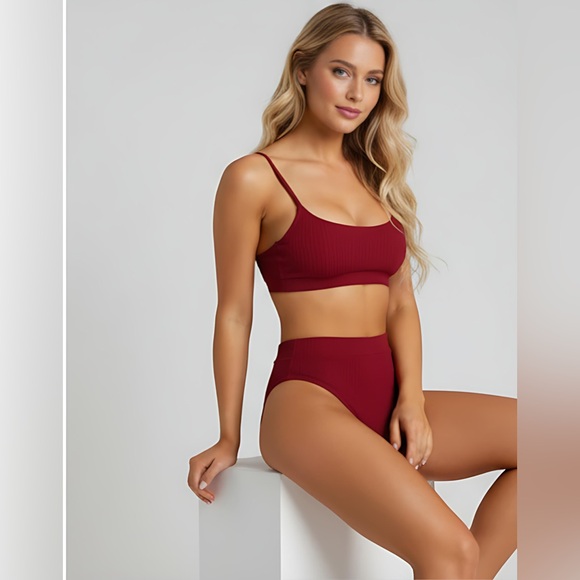 Burgundy Ribbed High Waist 2pc Bikini Swim Suit Bathing Suit - Picture 5 of 7